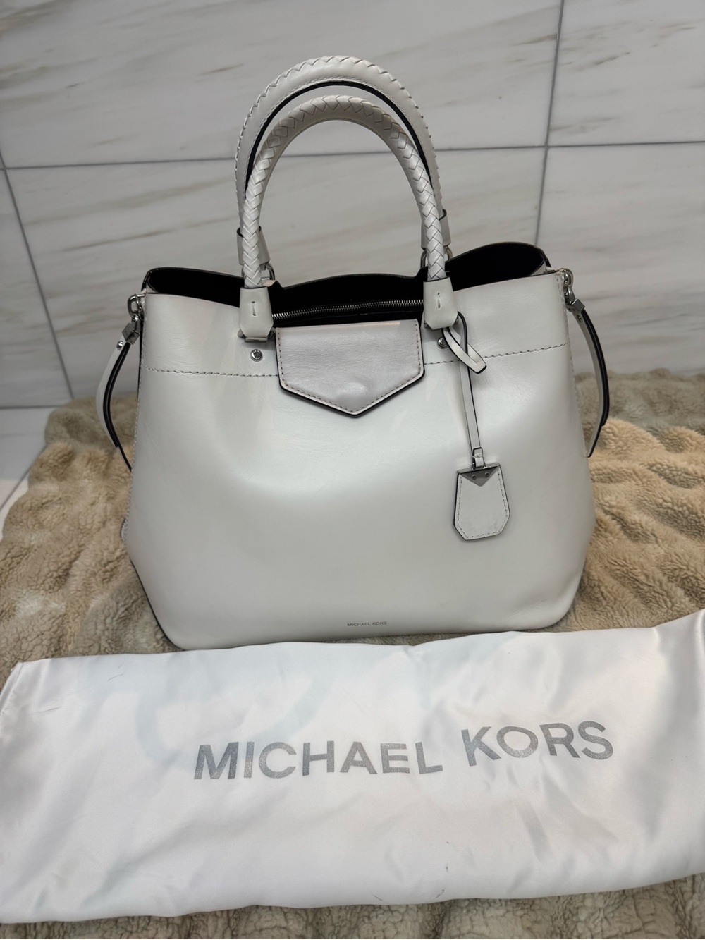 Michael Kors White Leather Braided-Handle Satchel